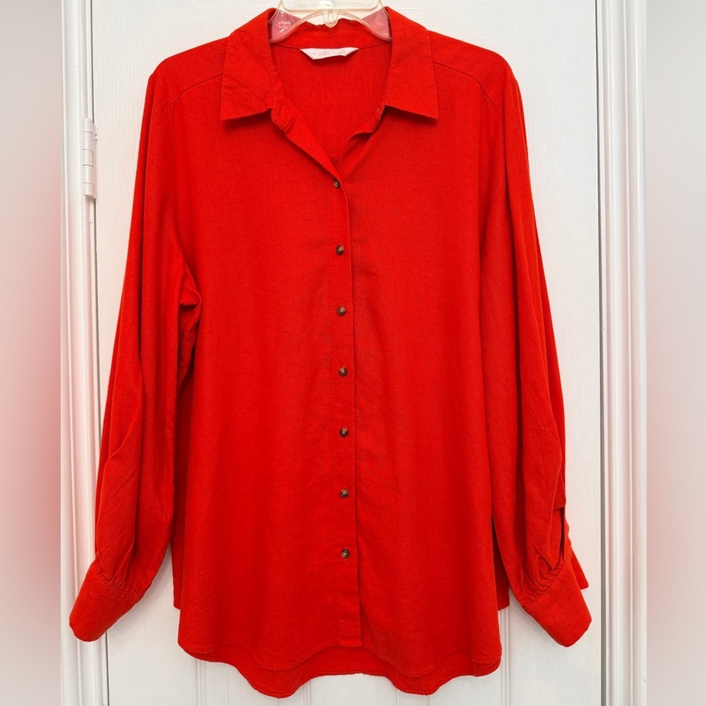 LC Lauren Conrad Classic Linen Blend Red/Orange Button-Up Women's Top- Size L
